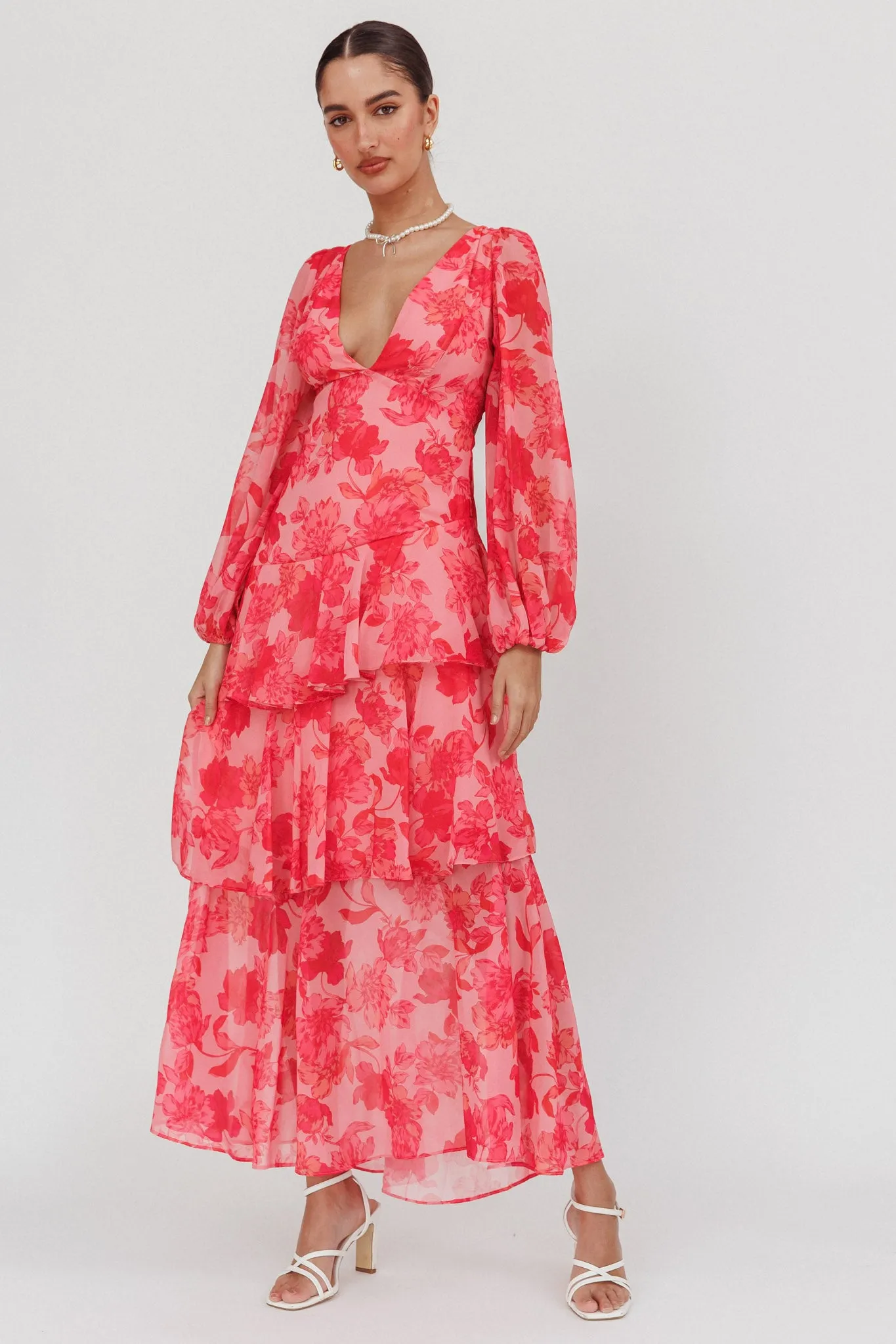 Veda Long Sleeve Floral Tiered Ruffle Maxi Dress Pink sold by Selfie Leslie product image thumbnail 5