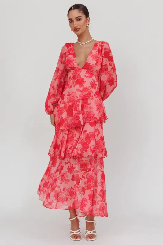 Veda Long Sleeve Floral Tiered Ruffle Maxi Dress Pink sold by Selfie Leslie