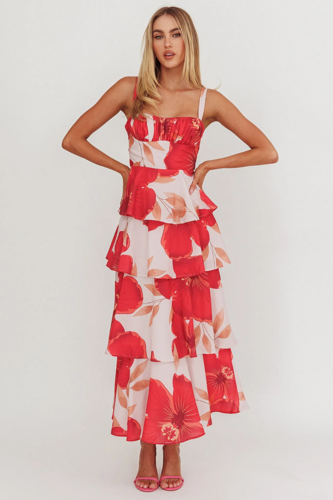 Provence Bloom Tiered Ruffle Floral Maxi Dress Blush sold by Selfie Leslie
