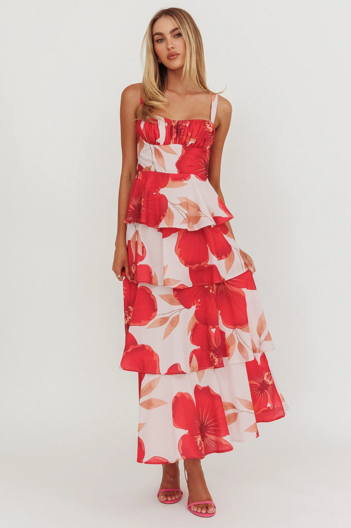 Provence Bloom Tiered Ruffle Floral Maxi Dress Blush sold by Selfie Leslie product image thumbnail 3