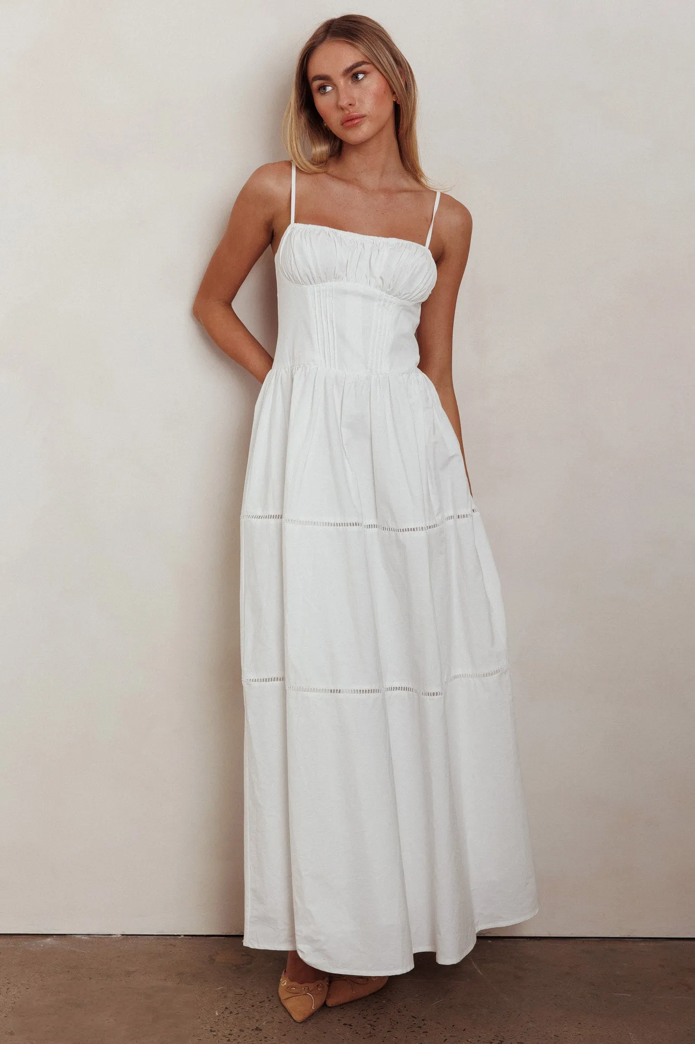 Heavenly Glow Gathered Bust A-Line Maxi Dress Off White sold by Selfie Leslie