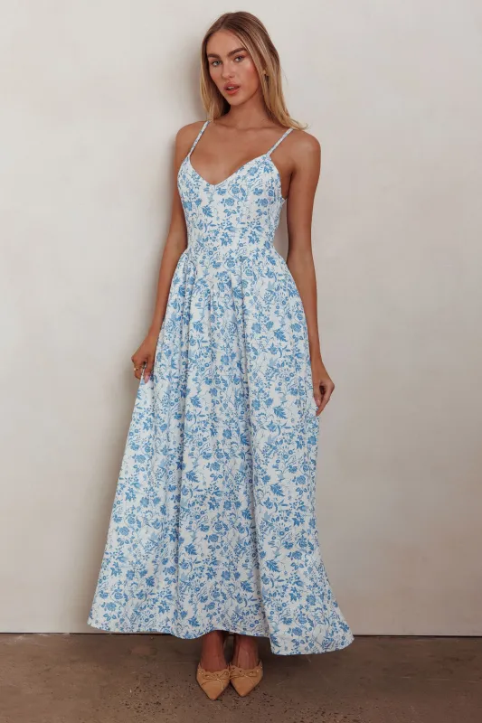 Enchanted Leaf Floral Print A-Line Maxi Dress Blue sold by Selfie Leslie