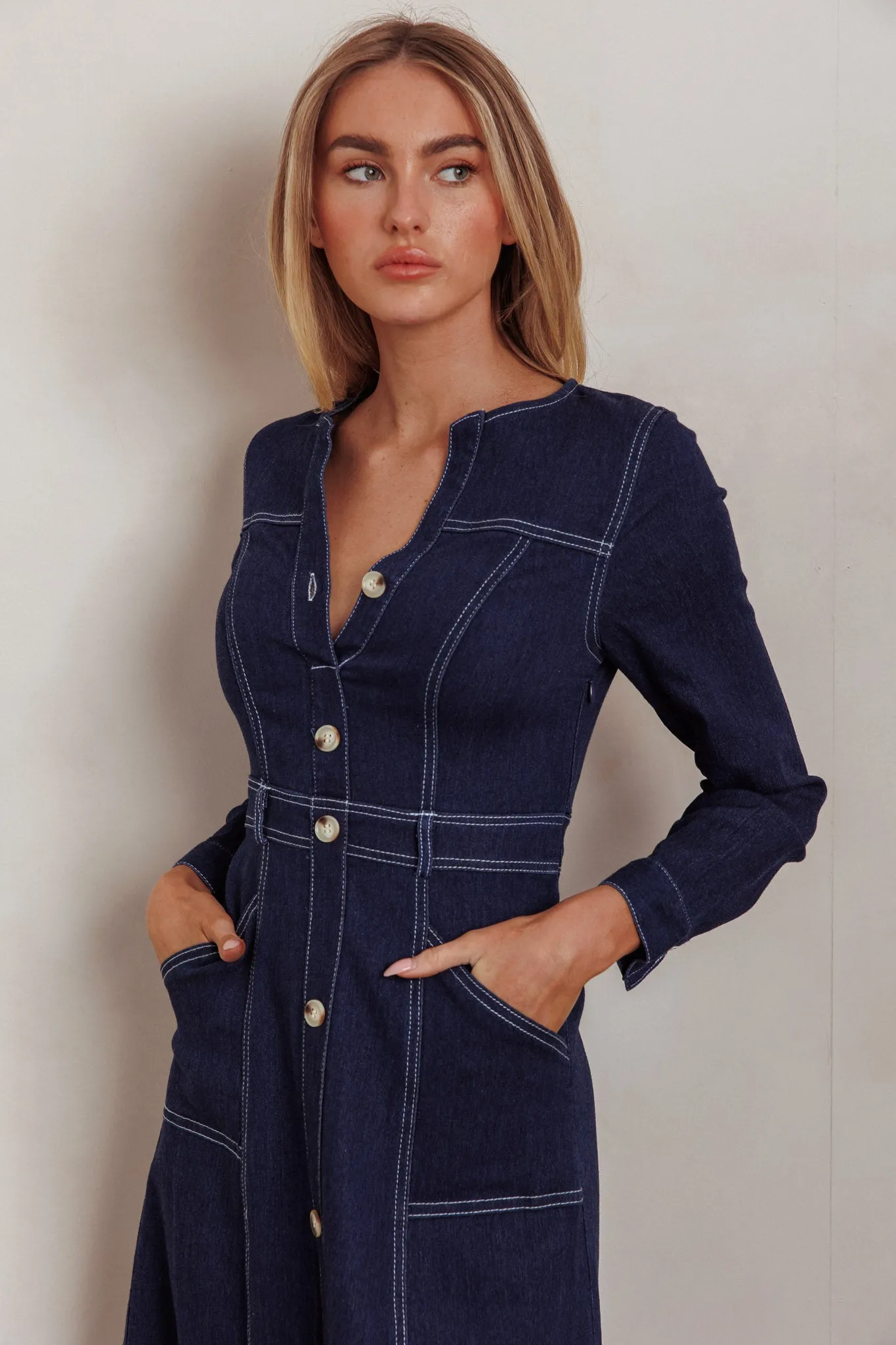 Aspen Love Front Pocket Long Sleeve Midi Dress Indigo sold by Selfie Leslie product image thumbnail 2