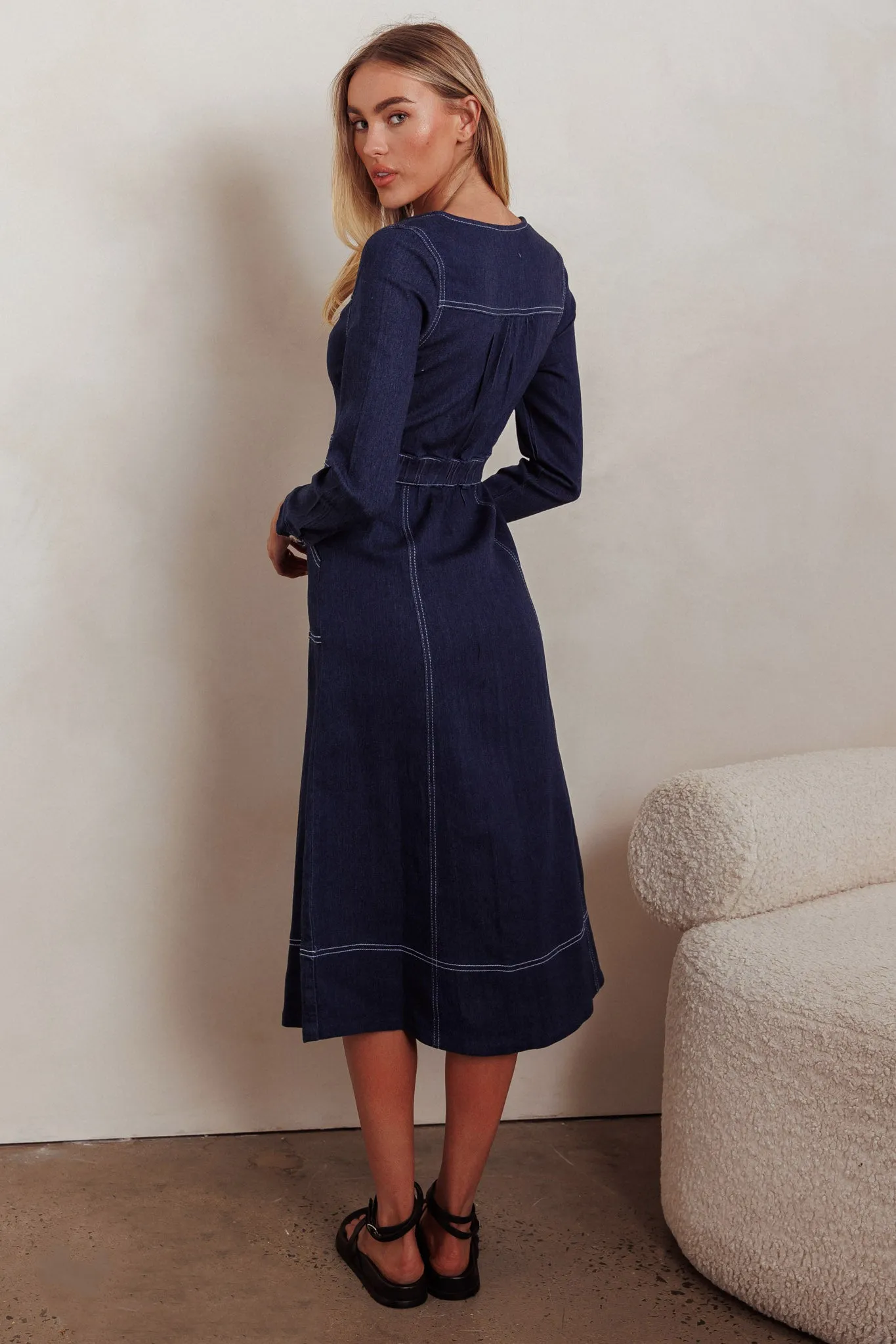 Aspen Love Front Pocket Long Sleeve Midi Dress Indigo sold by Selfie Leslie product image thumbnail 3