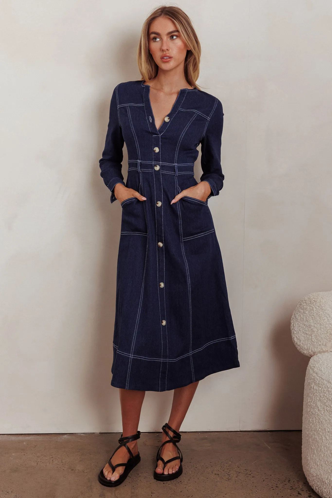 Aspen Love Front Pocket Long Sleeve Midi Dress Indigo sold by Selfie Leslie