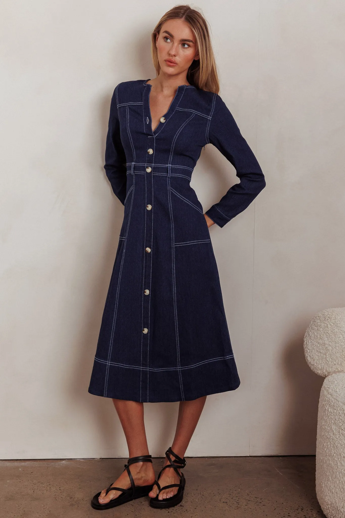 Aspen Love Front Pocket Long Sleeve Midi Dress Indigo sold by Selfie Leslie product image thumbnail 4