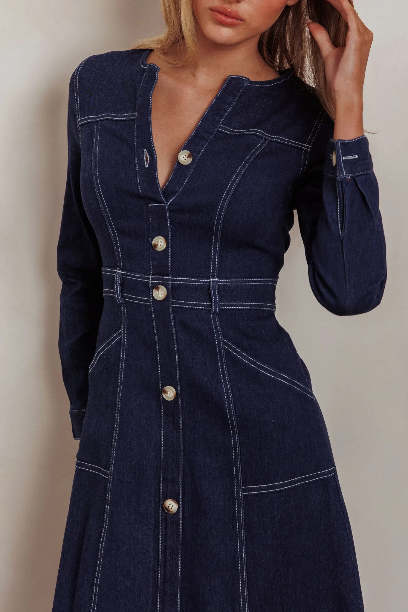 Aspen Love Front Pocket Long Sleeve Midi Dress Indigo sold by Selfie Leslie product image thumbnail 5