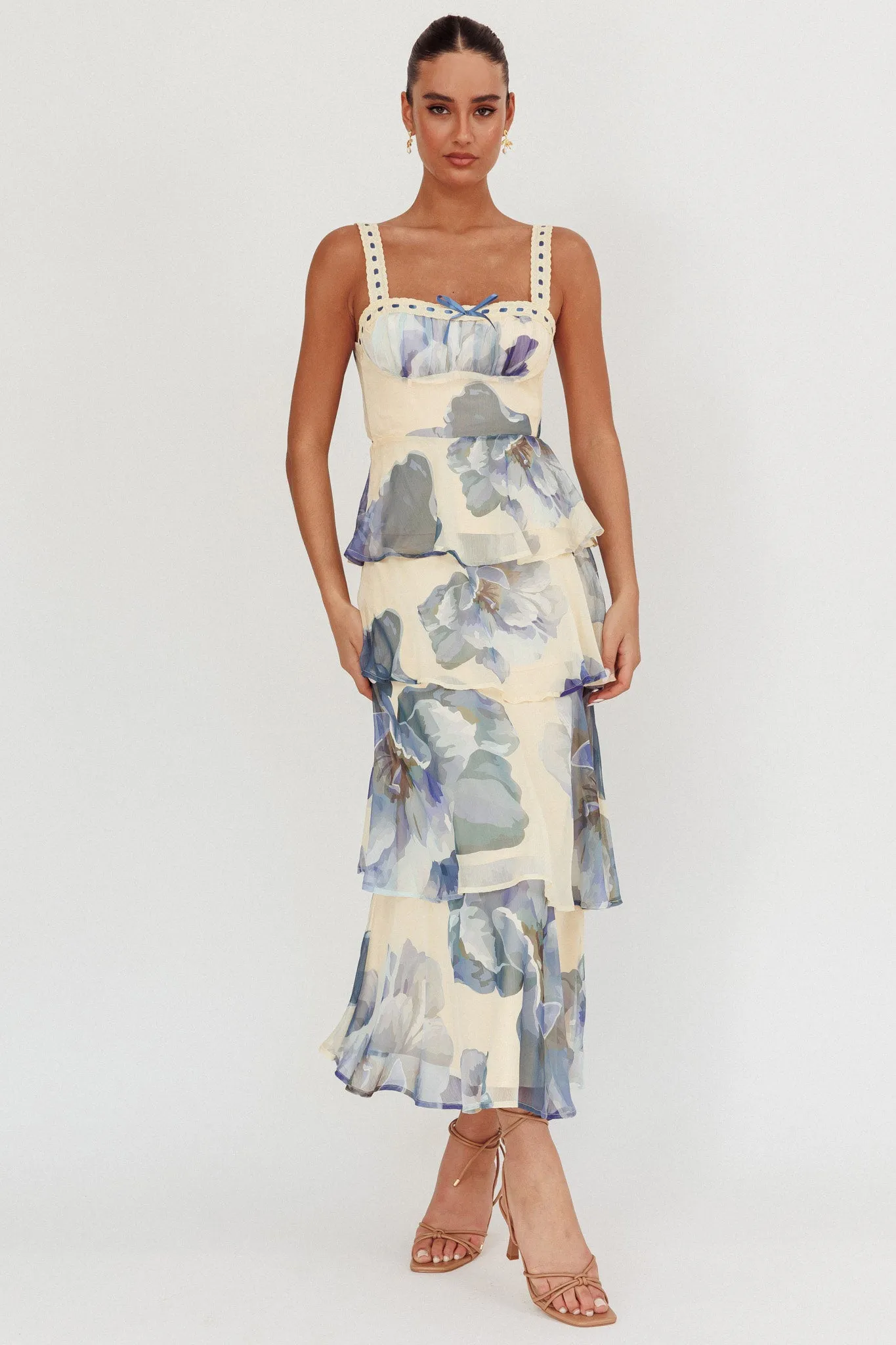 Provence Bloom Tiered Ruffle Maxi Dress Beige/Blue sold by Selfie Leslie product image thumbnail 5