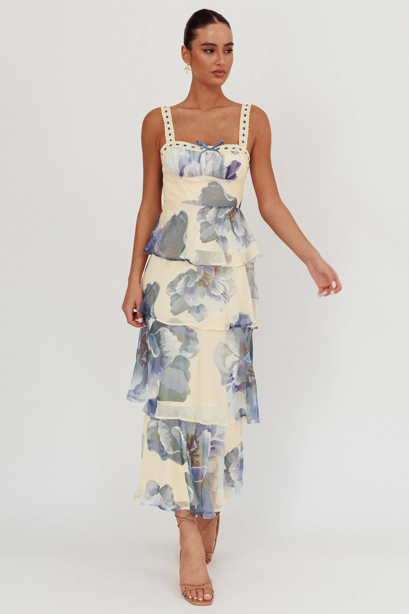 Provence Bloom Tiered Ruffle Maxi Dress Beige/Blue sold by Selfie Leslie