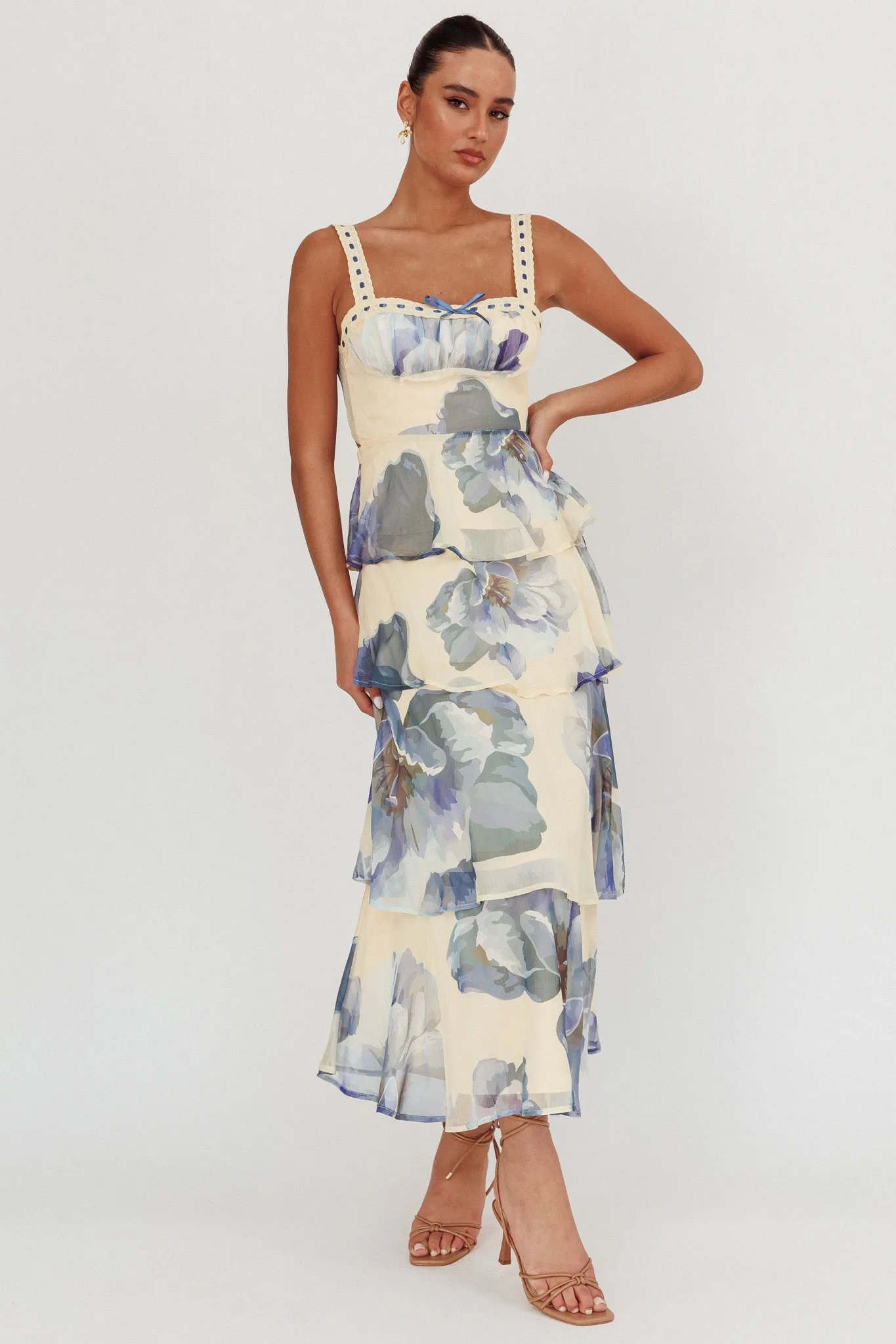 Provence Bloom Tiered Ruffle Maxi Dress Beige/Blue sold by Selfie Leslie product image thumbnail 2