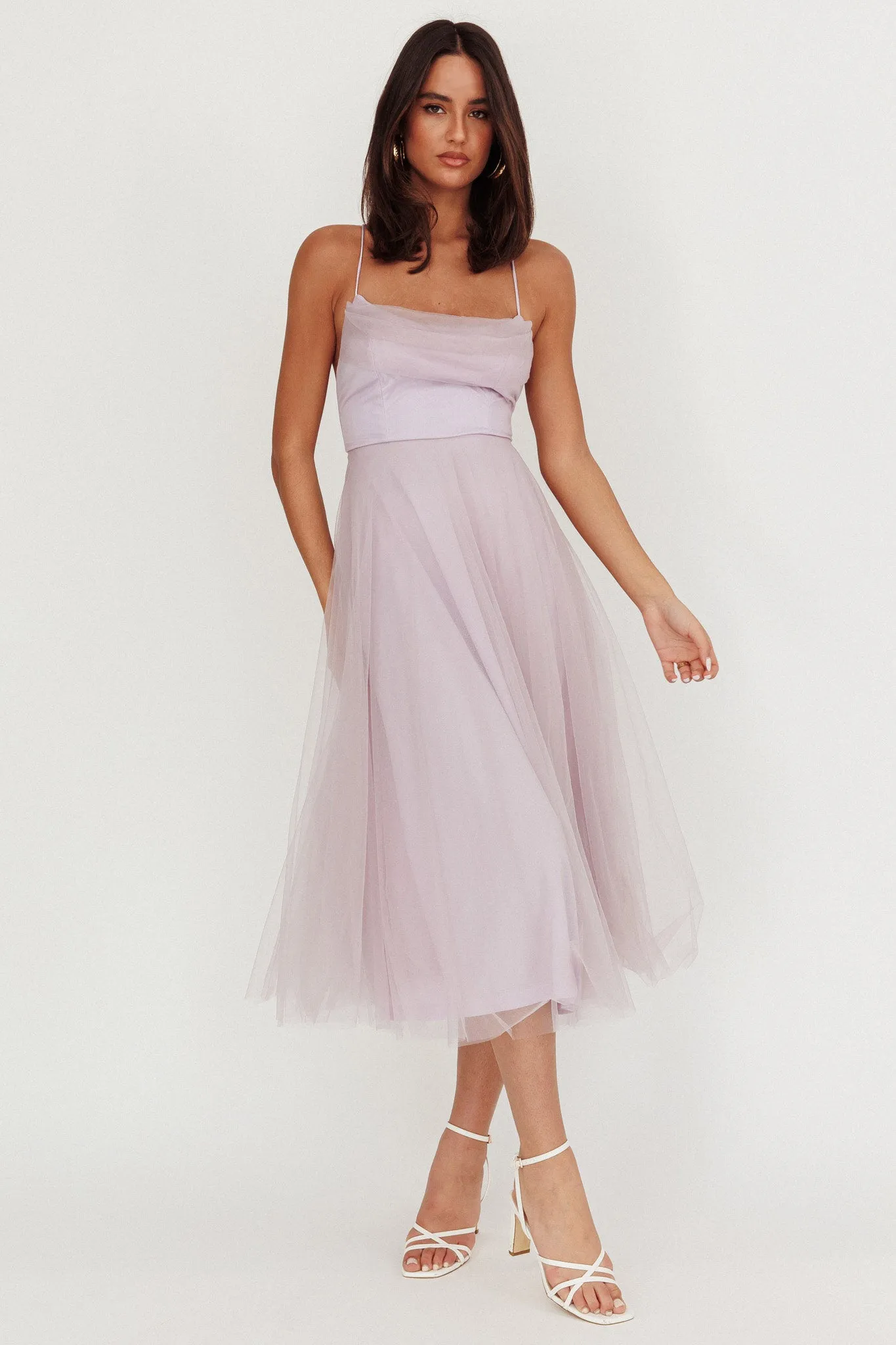 Floating By Pleated Neckline Mesh Midi Dress Lilac sold by Selfie Leslie product image thumbnail 3
