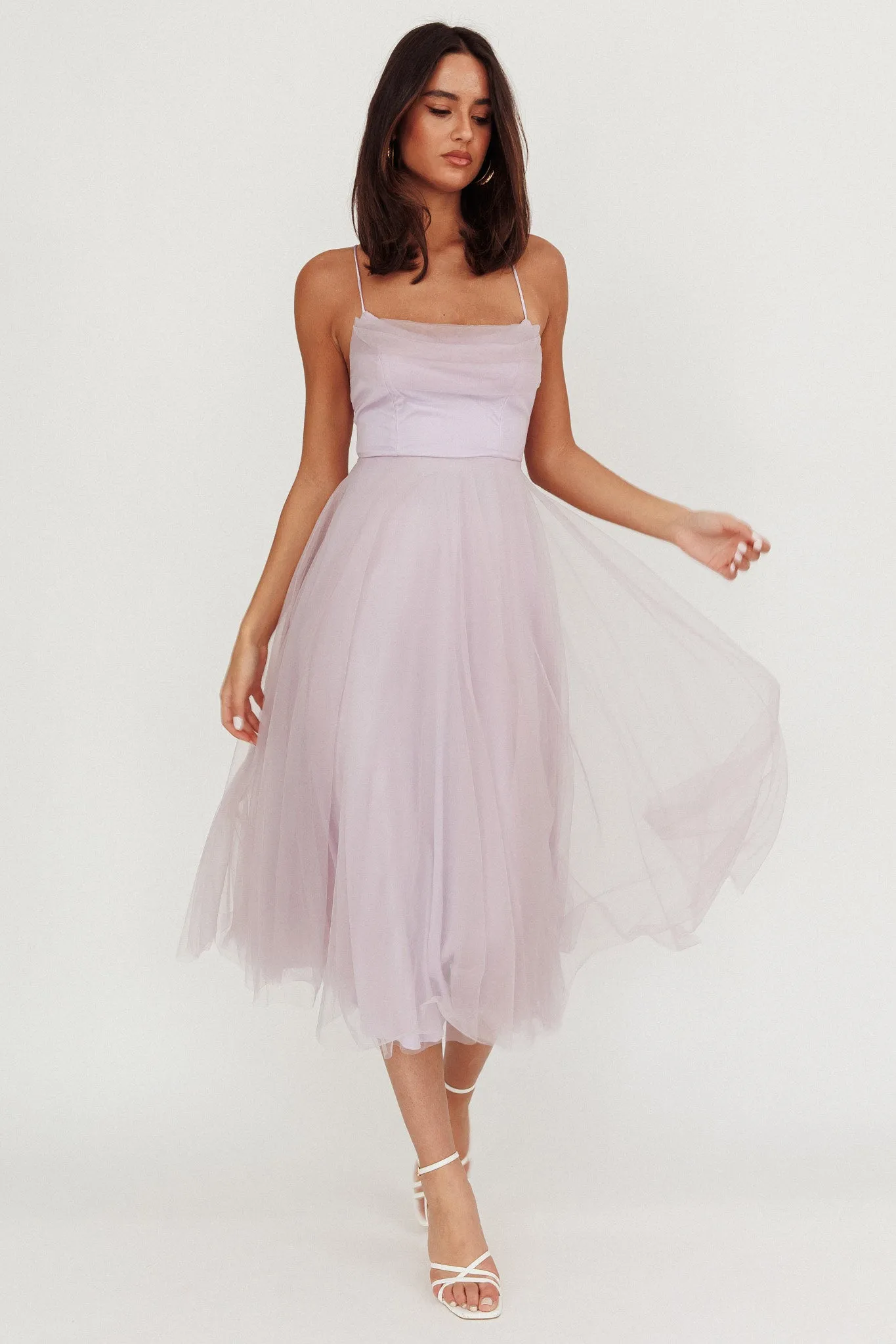 Floating By Pleated Neckline Mesh Midi Dress Lilac sold by Selfie Leslie product image thumbnail 5