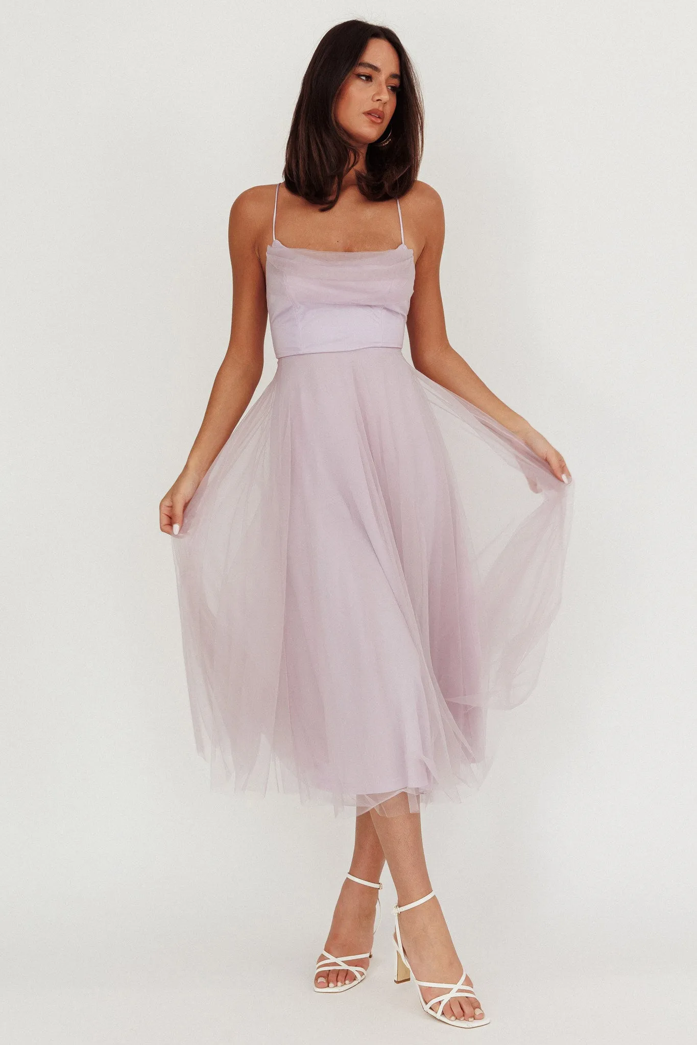 Floating By Pleated Neckline Mesh Midi Dress Lilac sold by Selfie Leslie