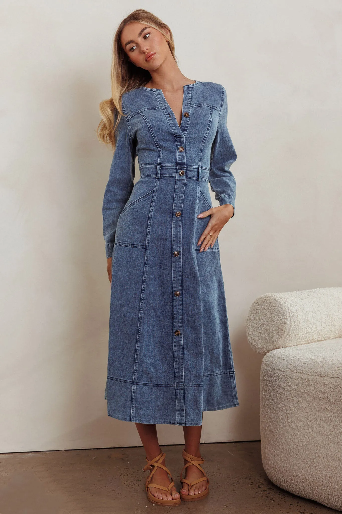 Aspen Love Front Pocket Midi Dress Denim Blue sold by Selfie Leslie