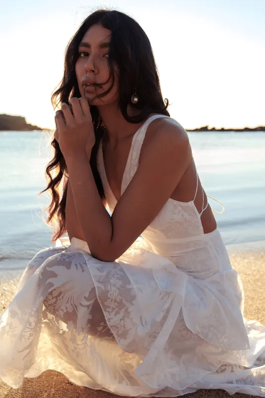 Veda Strappy Back Ruffle Chiffon Maxi Dress White sold by Selfie Leslie