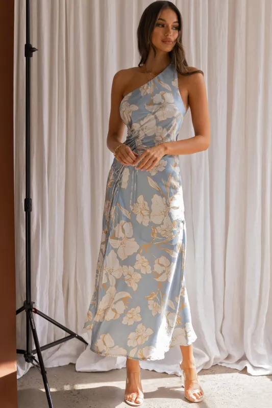 Casa Del Mar One-Shoulder Ruched Midi Dress Floral Blue sold by Selfie Leslie