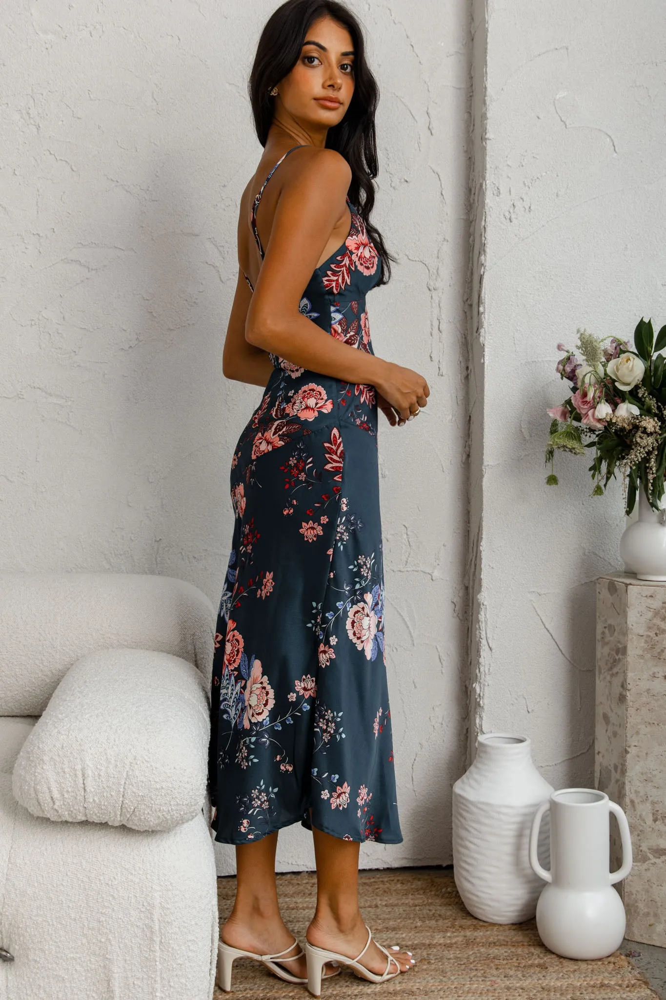 Downtown Cami Strap Front Split Midi Dress Oriental Flower Print Forest Green sold by Selfie Leslie product image thumbnail 2