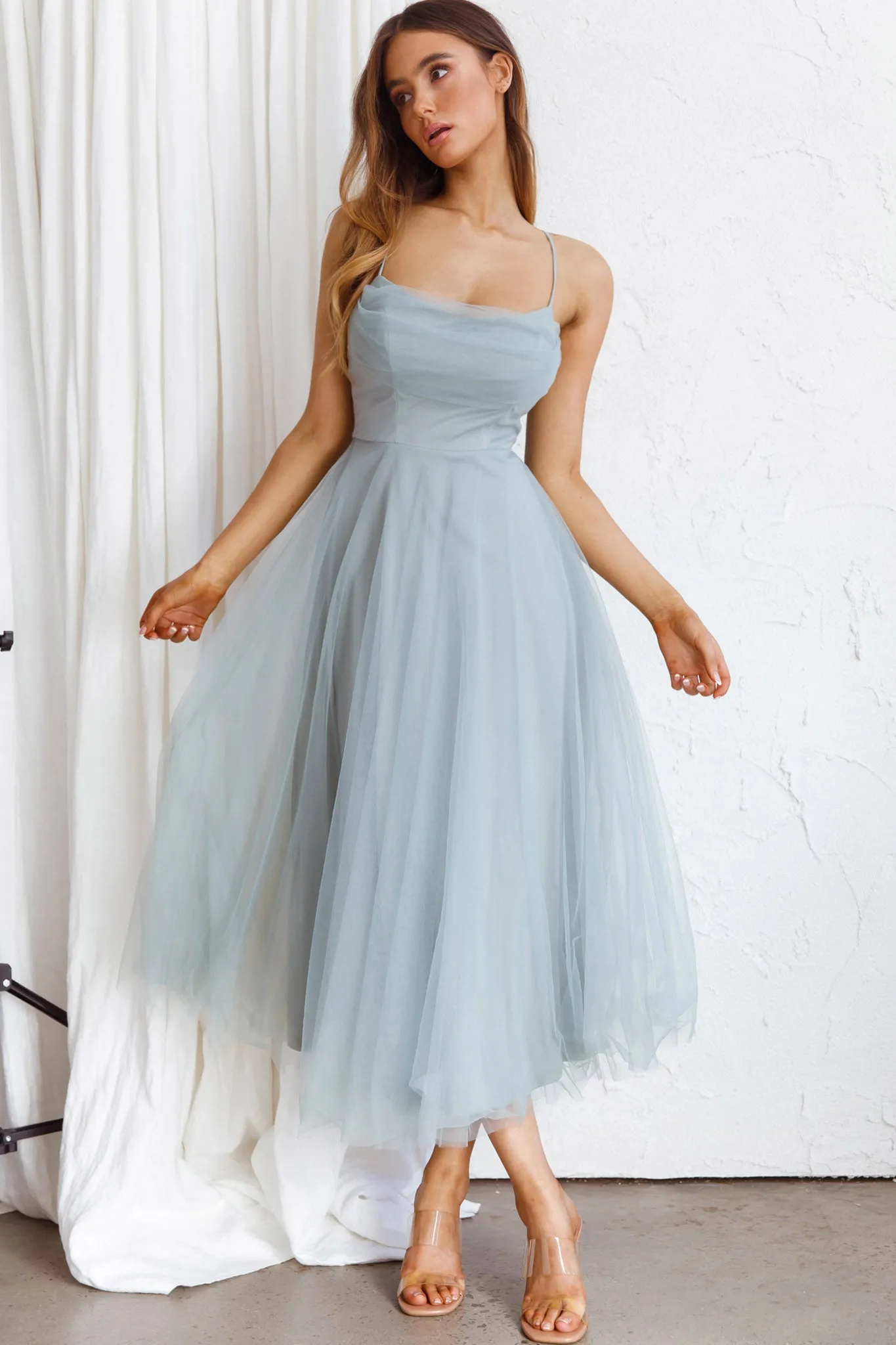 Floating By Pleated Neckline Mesh Midi Dress Sage sold by Selfie Leslie product image thumbnail 3