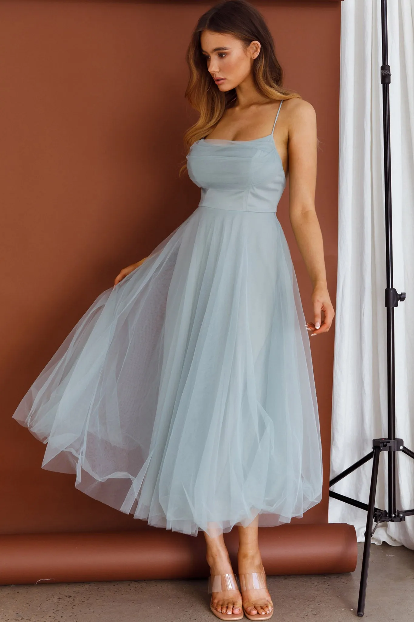 Floating By Pleated Neckline Mesh Midi Dress Sage sold by Selfie Leslie product image thumbnail 4