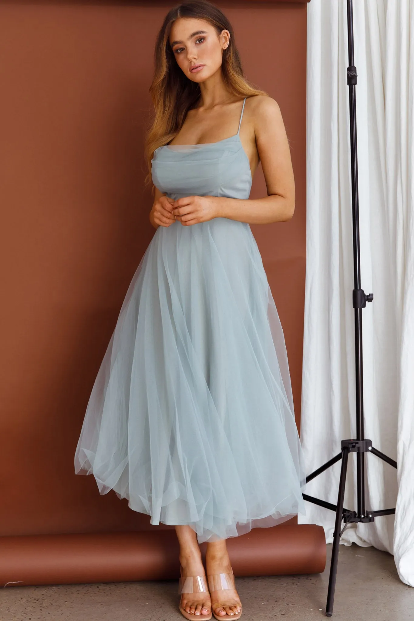 Floating By Pleated Neckline Mesh Midi Dress Sage sold by Selfie Leslie product image thumbnail 5