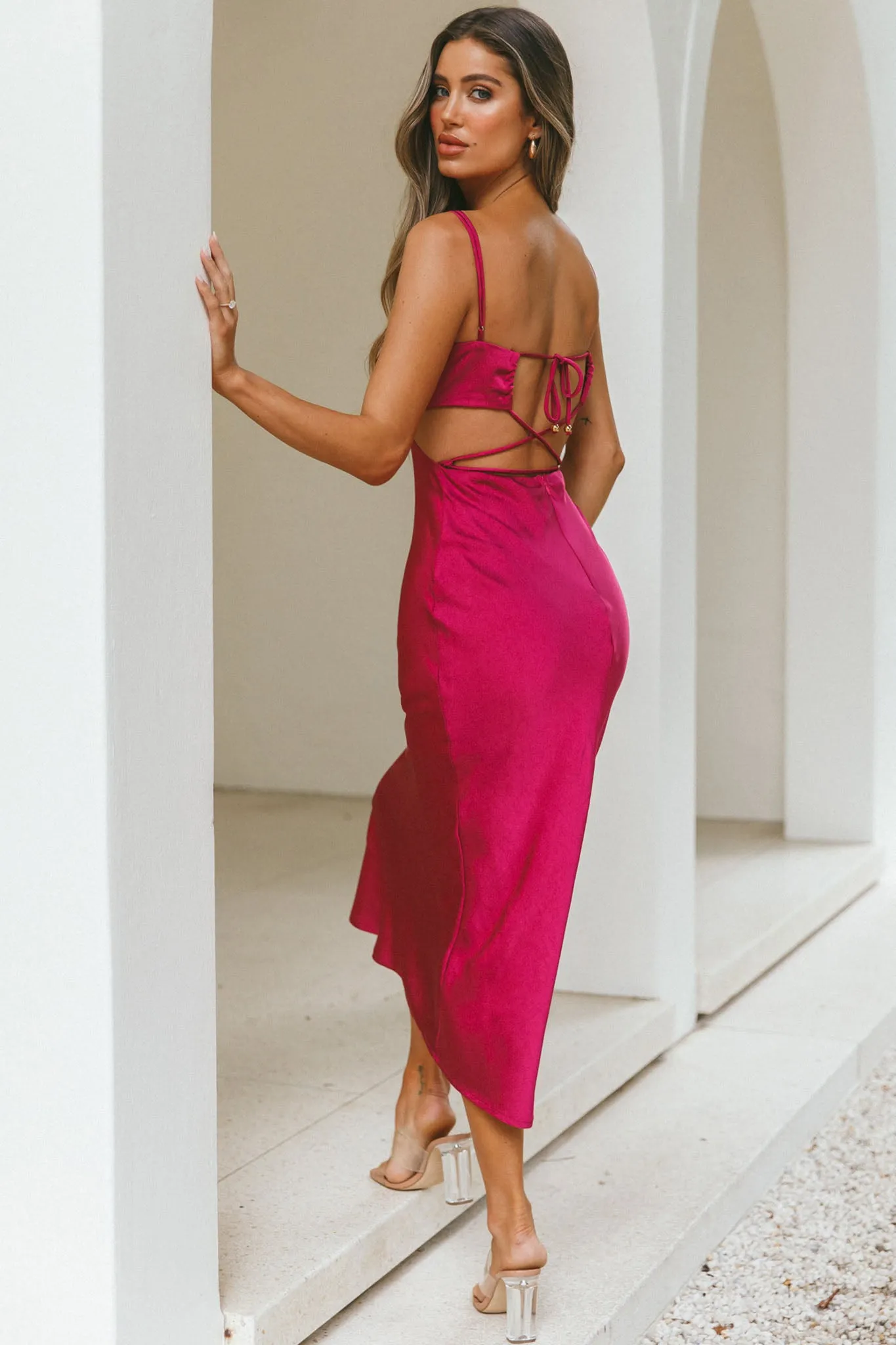 City Lights Cut-Out Waist Strappy Back Midi Dress Fuchsia sold by Selfie Leslie product image thumbnail 2