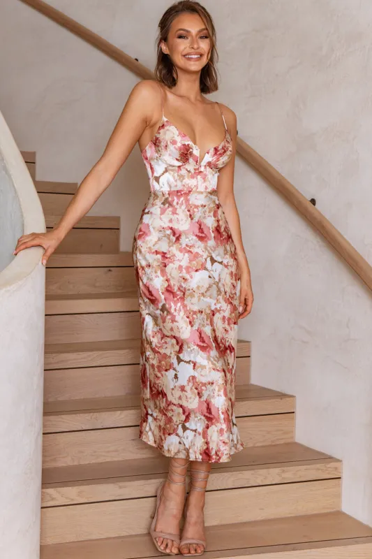 Lake Como Fitted Bodice Cami Strap Midi Dress Abstract Print Rose sold by Selfie Leslie
