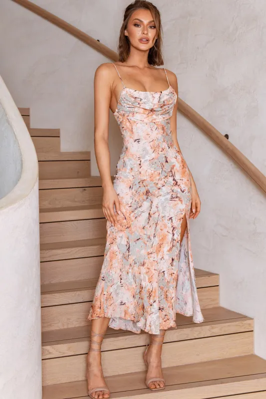 Well Versed Pleated Bust Front Split Dress Marble Print Orange sold by Selfie Leslie