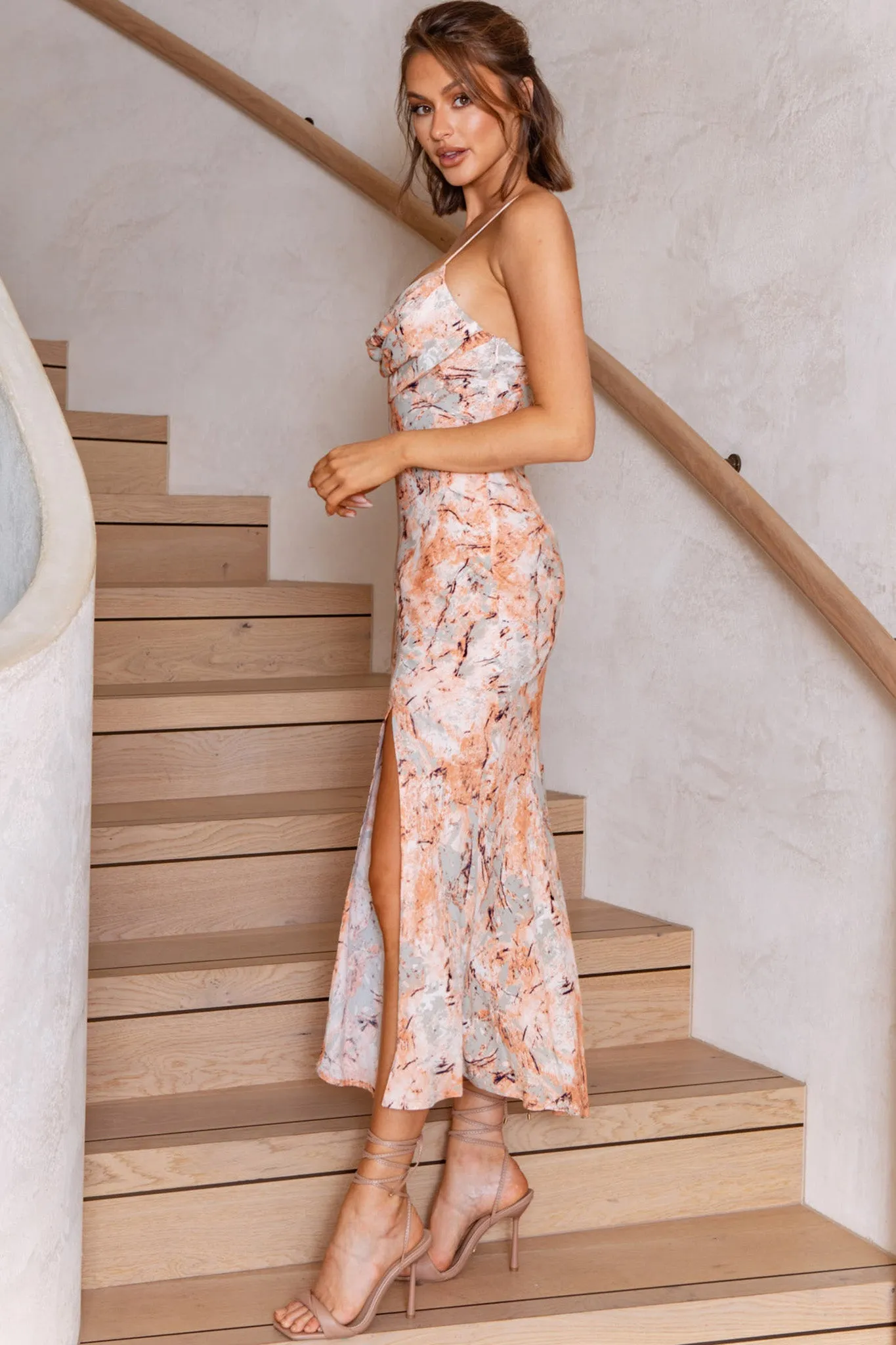 Well Versed Pleated Bust Front Split Dress Marble Print Orange sold by Selfie Leslie product image thumbnail 5