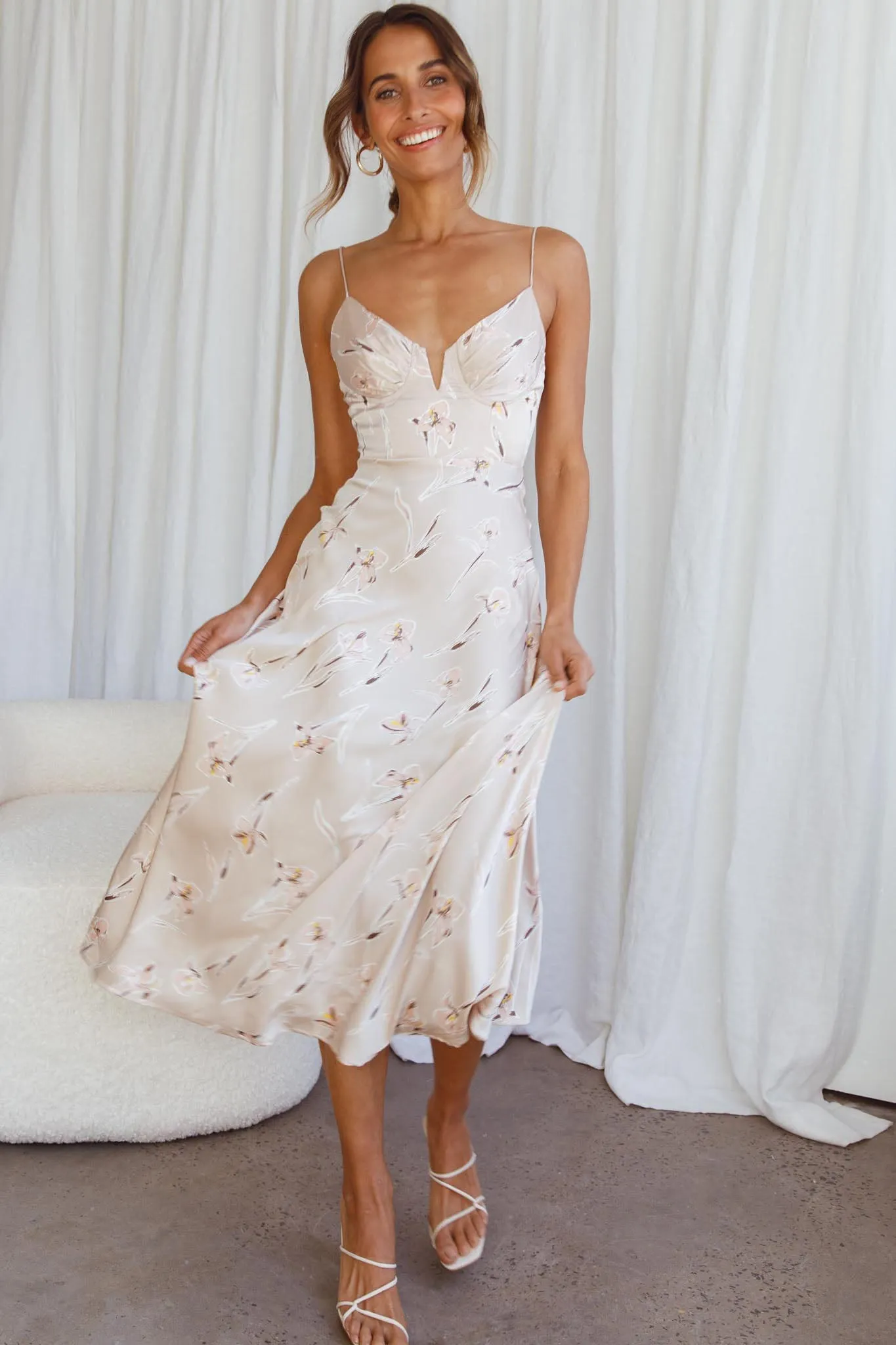 Lake Como Fitted Bodice Cami Strap Midi Dress Orchid Print Beige sold by Selfie Leslie product image thumbnail 4