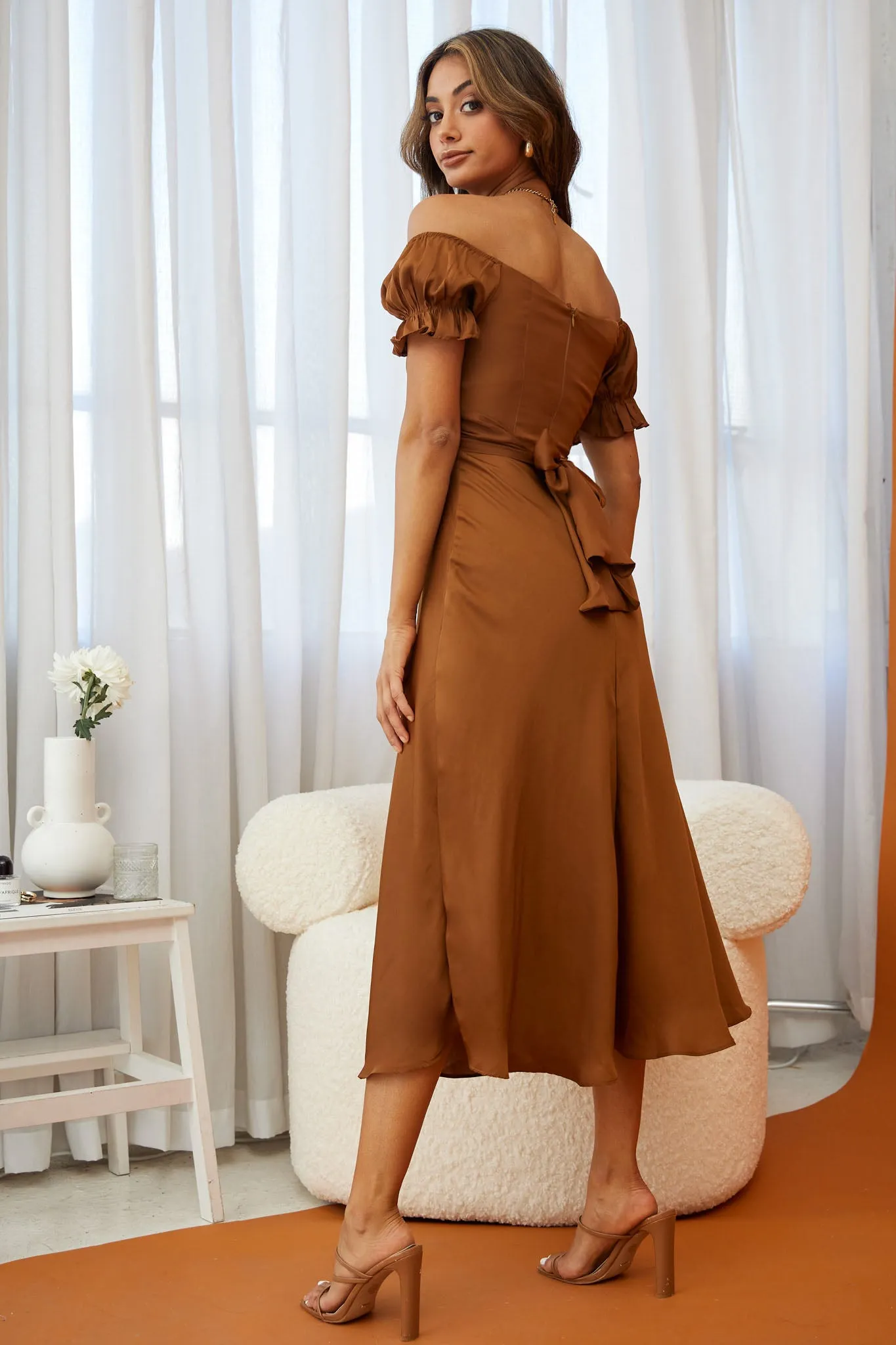 Linka Off-Shoulder Tie Back Midi Dress Chocolate sold by Selfie Leslie product image thumbnail 2