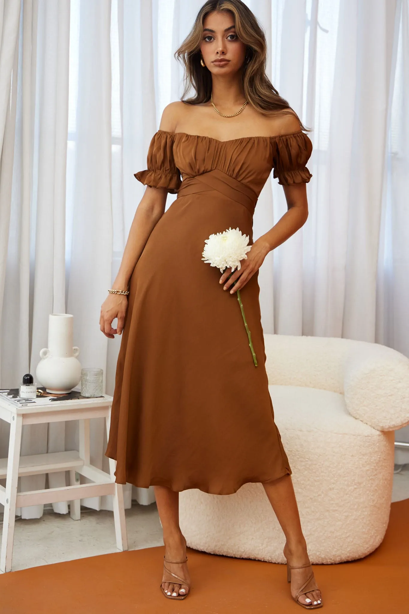Linka Off-Shoulder Tie Back Midi Dress Chocolate sold by Selfie Leslie