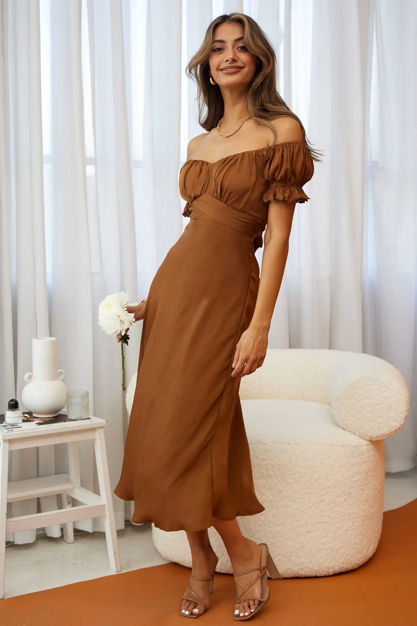 Linka Off-Shoulder Tie Back Midi Dress Chocolate sold by Selfie Leslie product image thumbnail 5