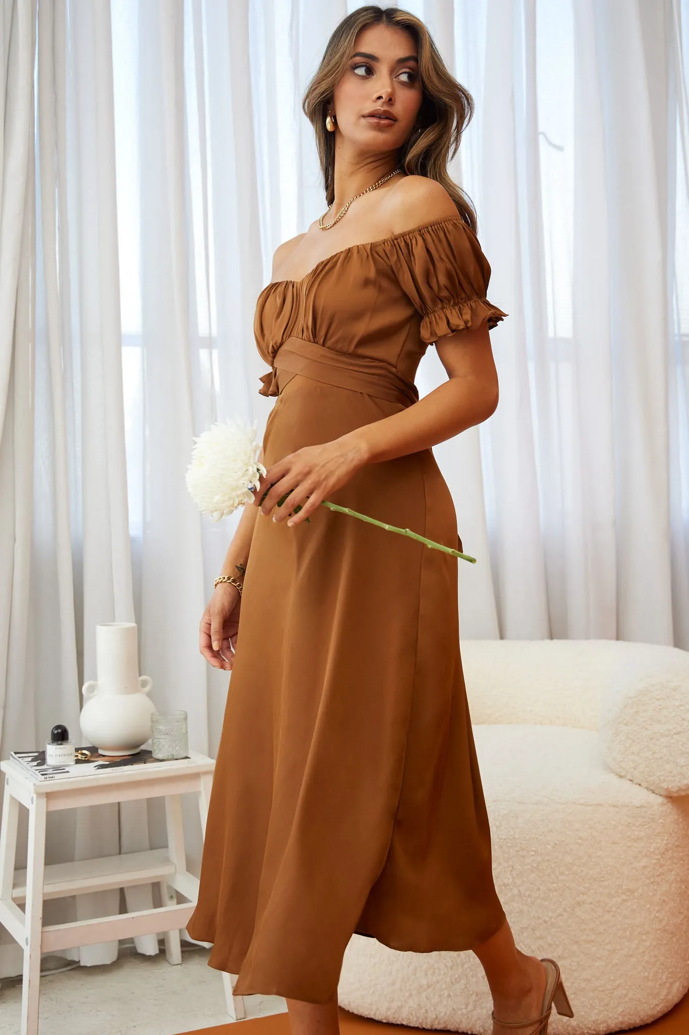Linka Off-Shoulder Tie Back Midi Dress Chocolate sold by Selfie Leslie product image thumbnail 4