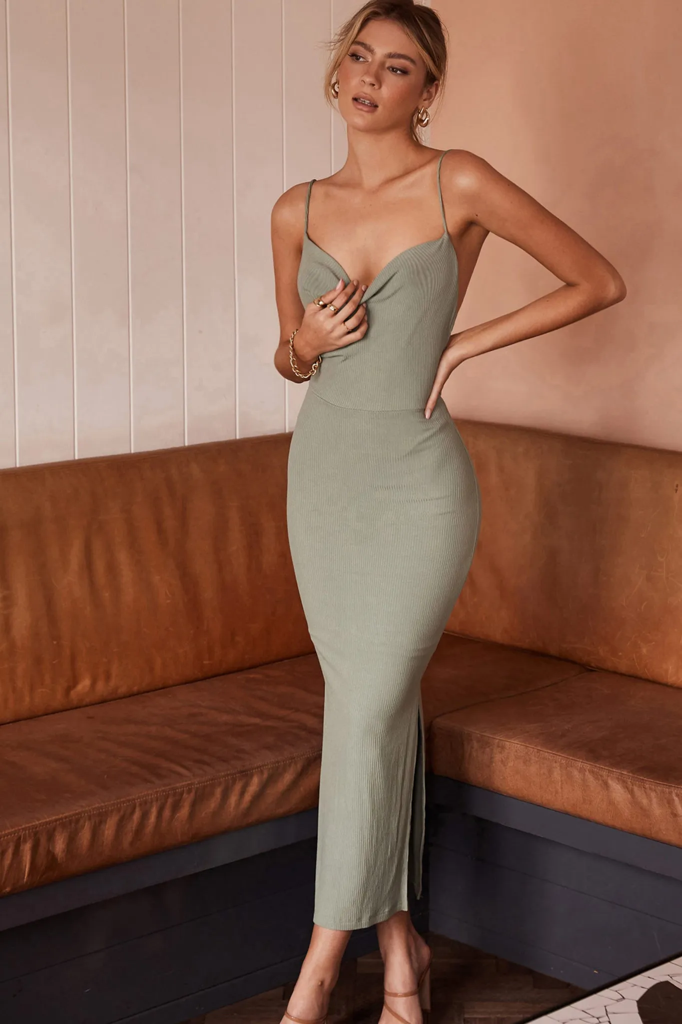 Frieda Cowl Neck Side Split Ribbed Midi Dress Sage sold by Selfie Leslie product image thumbnail 5
