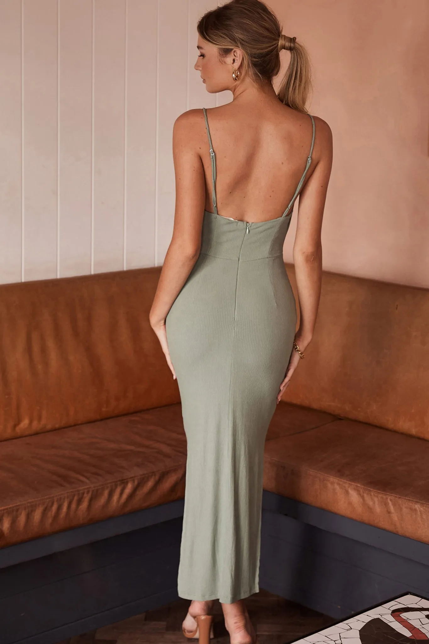 Frieda Cowl Neck Side Split Ribbed Midi Dress Sage sold by Selfie Leslie product image thumbnail 2