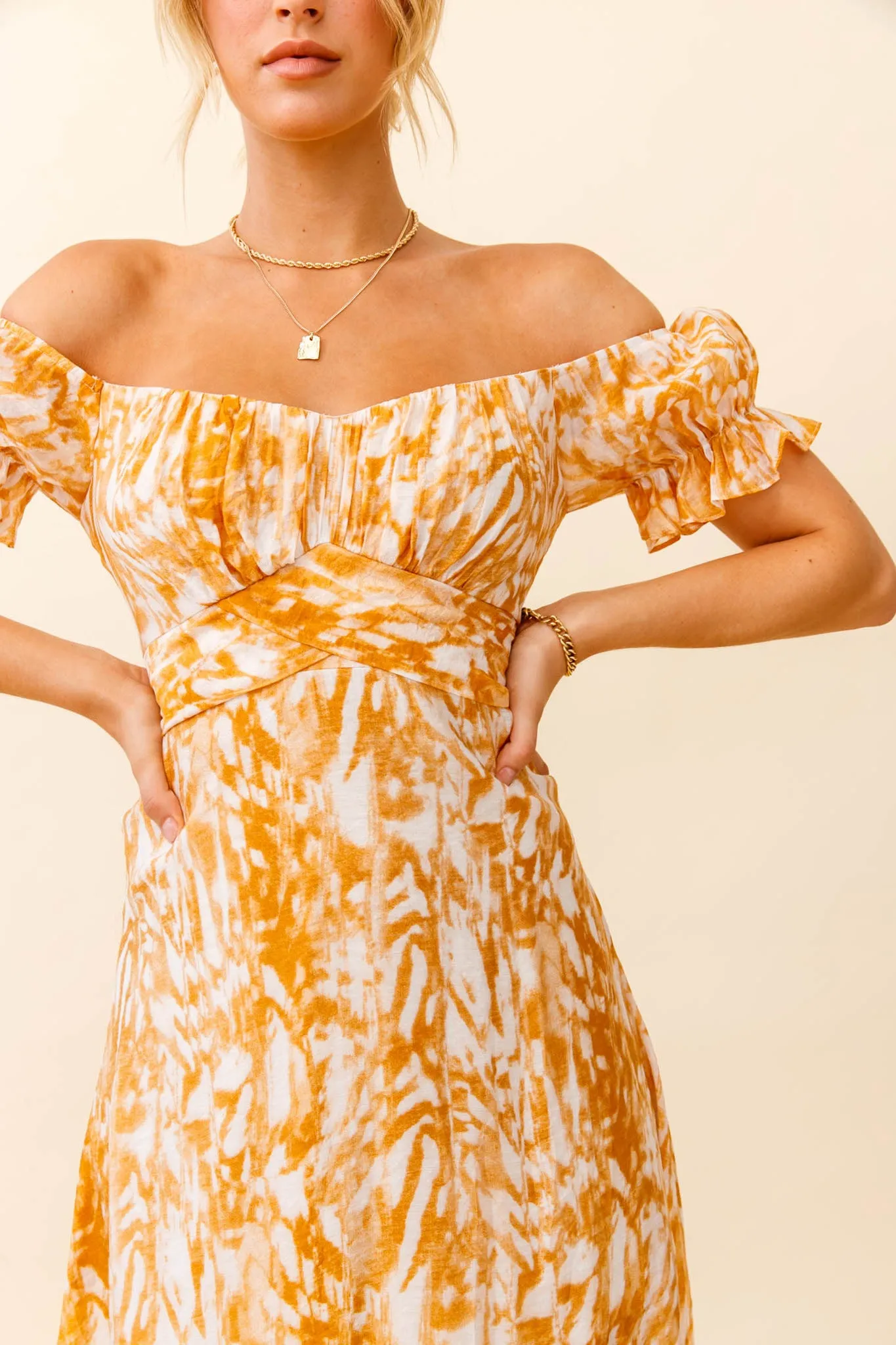 Linka Off-Shoulder Tie Back Midi Dress Printed Orange sold by Selfie Leslie product image thumbnail 4