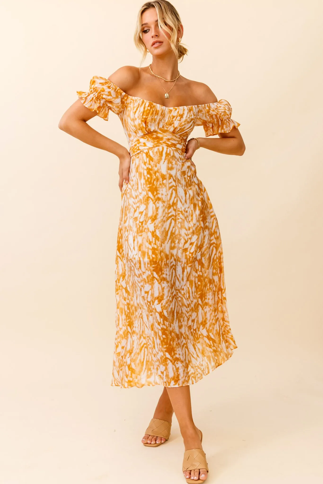 Linka Off-Shoulder Tie Back Midi Dress Printed Orange sold by Selfie Leslie product image thumbnail 5