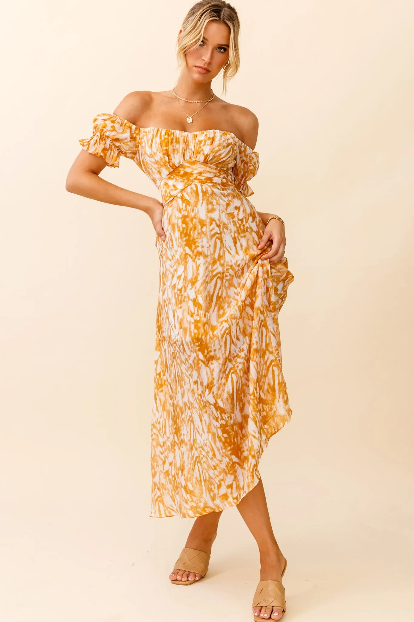 Linka Off-Shoulder Tie Back Midi Dress Printed Orange sold by Selfie Leslie product image thumbnail 3