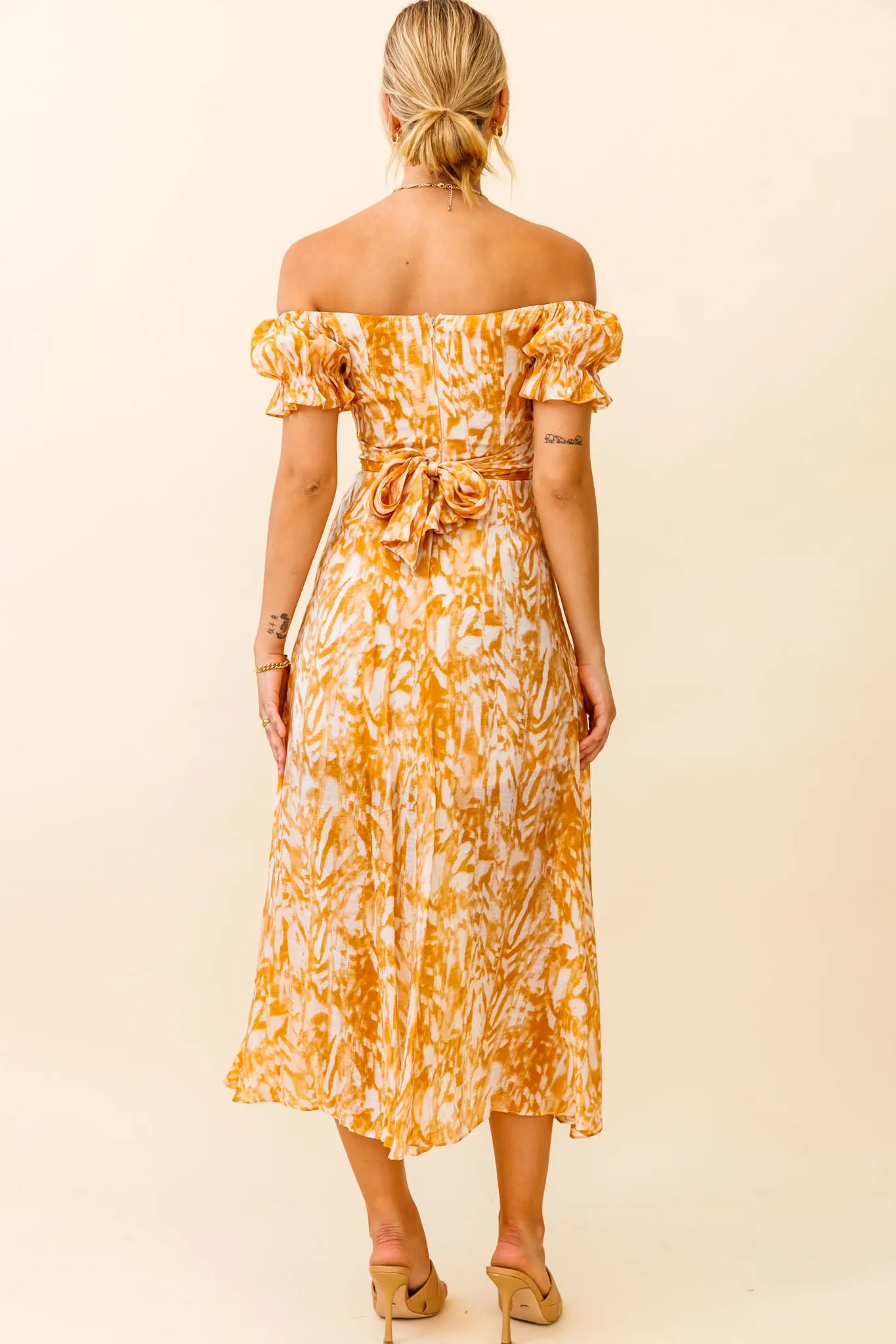 Linka Off-Shoulder Tie Back Midi Dress Printed Orange sold by Selfie Leslie product image thumbnail 2