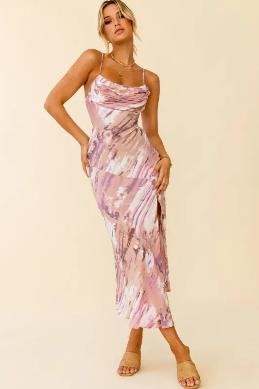 Well Versed Pleated Bust Front Split Dress Purple Multi sold by Selfie Leslie