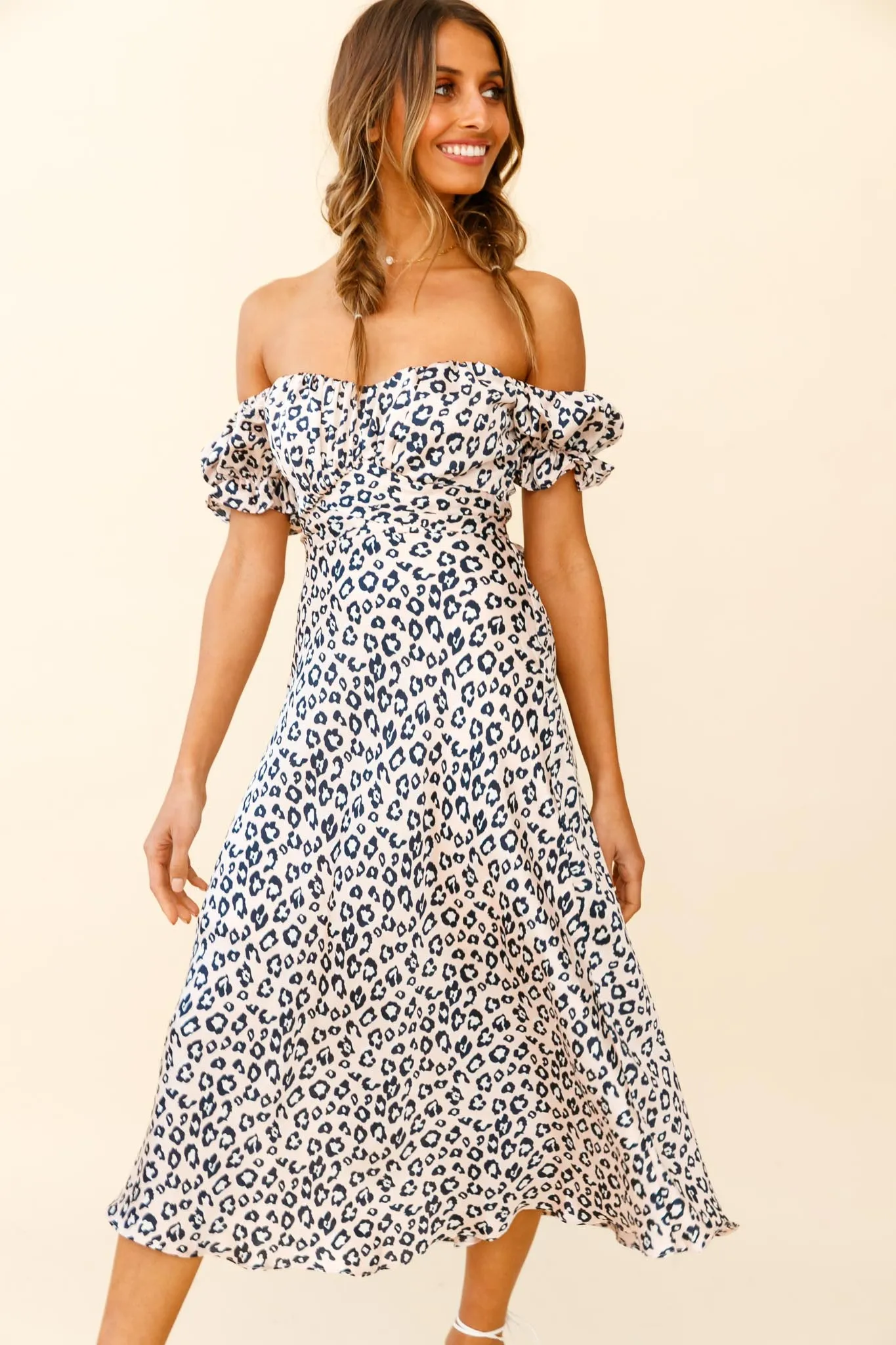 Linka Off-Shoulder Tie Back Midi Dress Leopard Print Pink sold by Selfie Leslie product image thumbnail 4