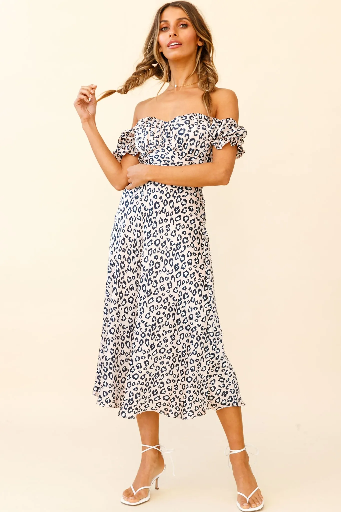 Linka Off-Shoulder Tie Back Midi Dress Leopard Print Pink sold by Selfie Leslie