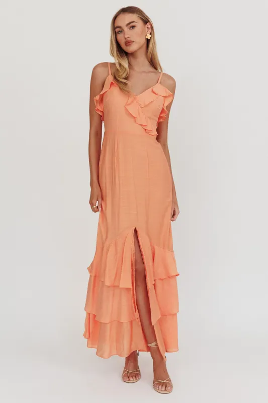 Silvana Frill Trim Split Maxi Dress Orange sold by Selfie Leslie