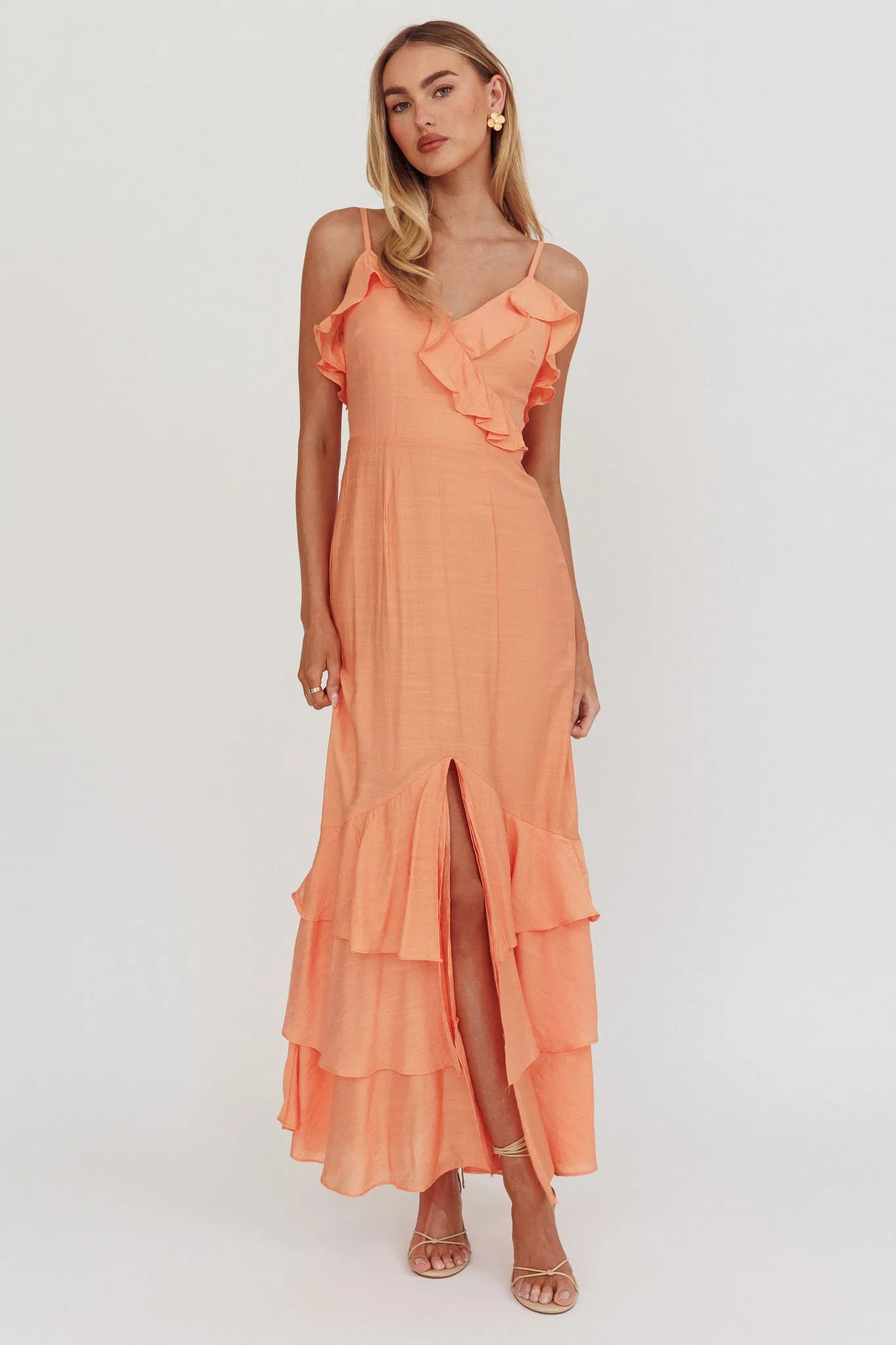 Silvana Frill Trim Split Maxi Dress Orange sold by Selfie Leslie