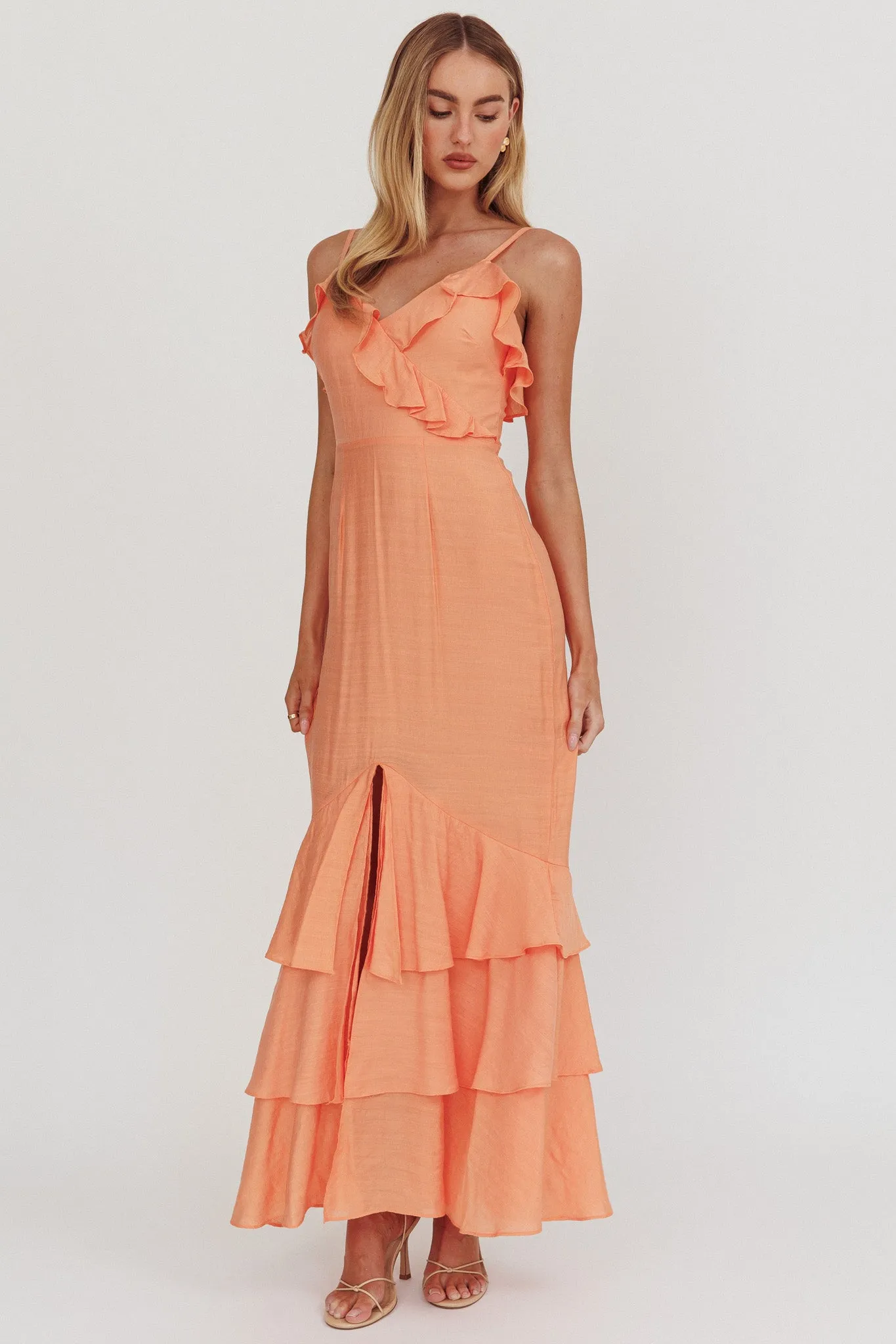 Silvana Frill Trim Split Maxi Dress Orange sold by Selfie Leslie product image thumbnail 4