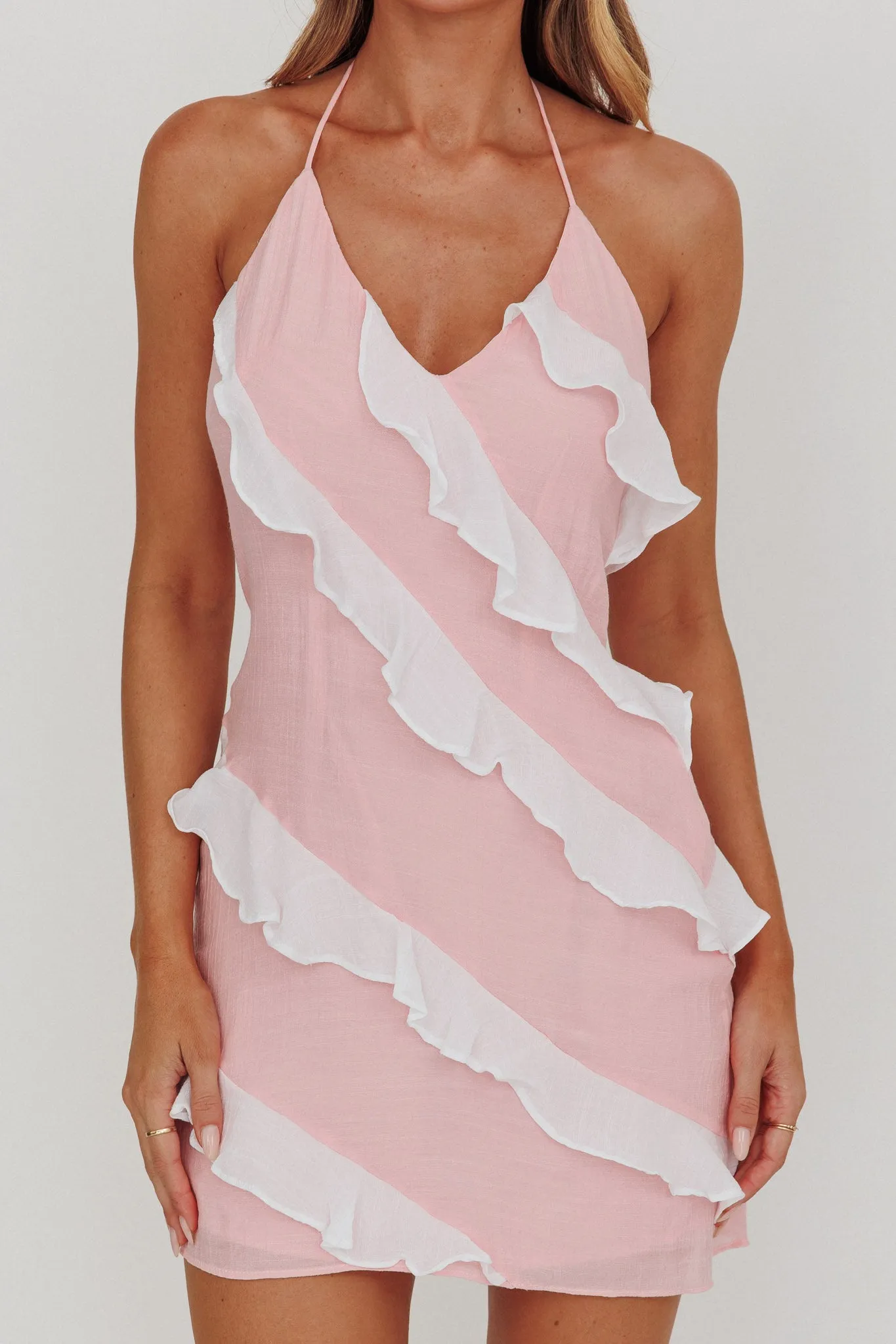 Arrabel Halterneck Contrast Ruffle Mini Dress Pink sold by Selfie Leslie product image thumbnail 3