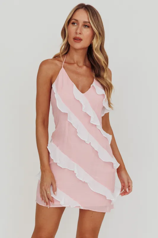 Arrabel Halterneck Contrast Ruffle Mini Dress Pink sold by Selfie Leslie