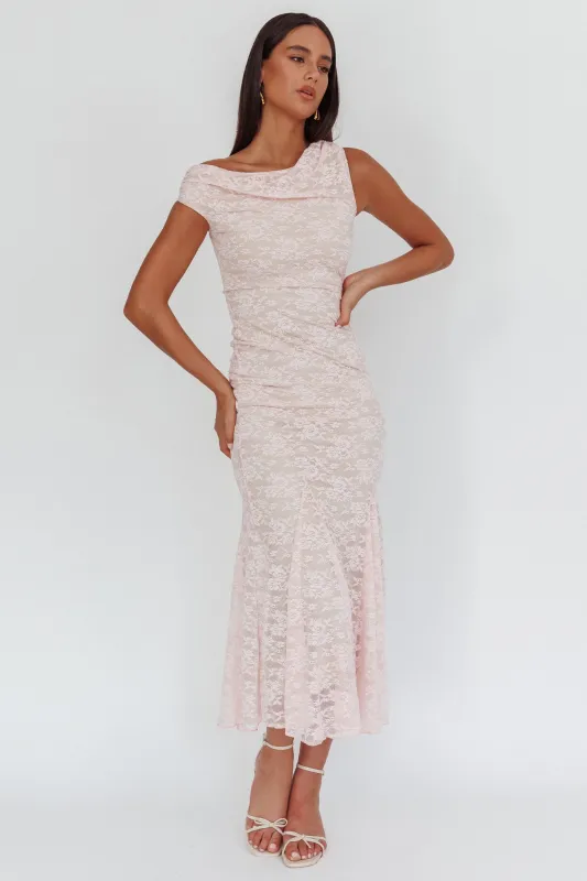 Diana Asymmetric Shoulder Godet Maxi Dress Lace Pink sold by Selfie Leslie