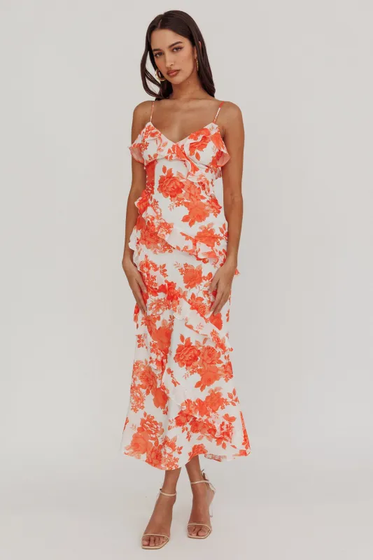 Silvana Frill Trim Maxi Dress Floral Orange sold by Selfie Leslie