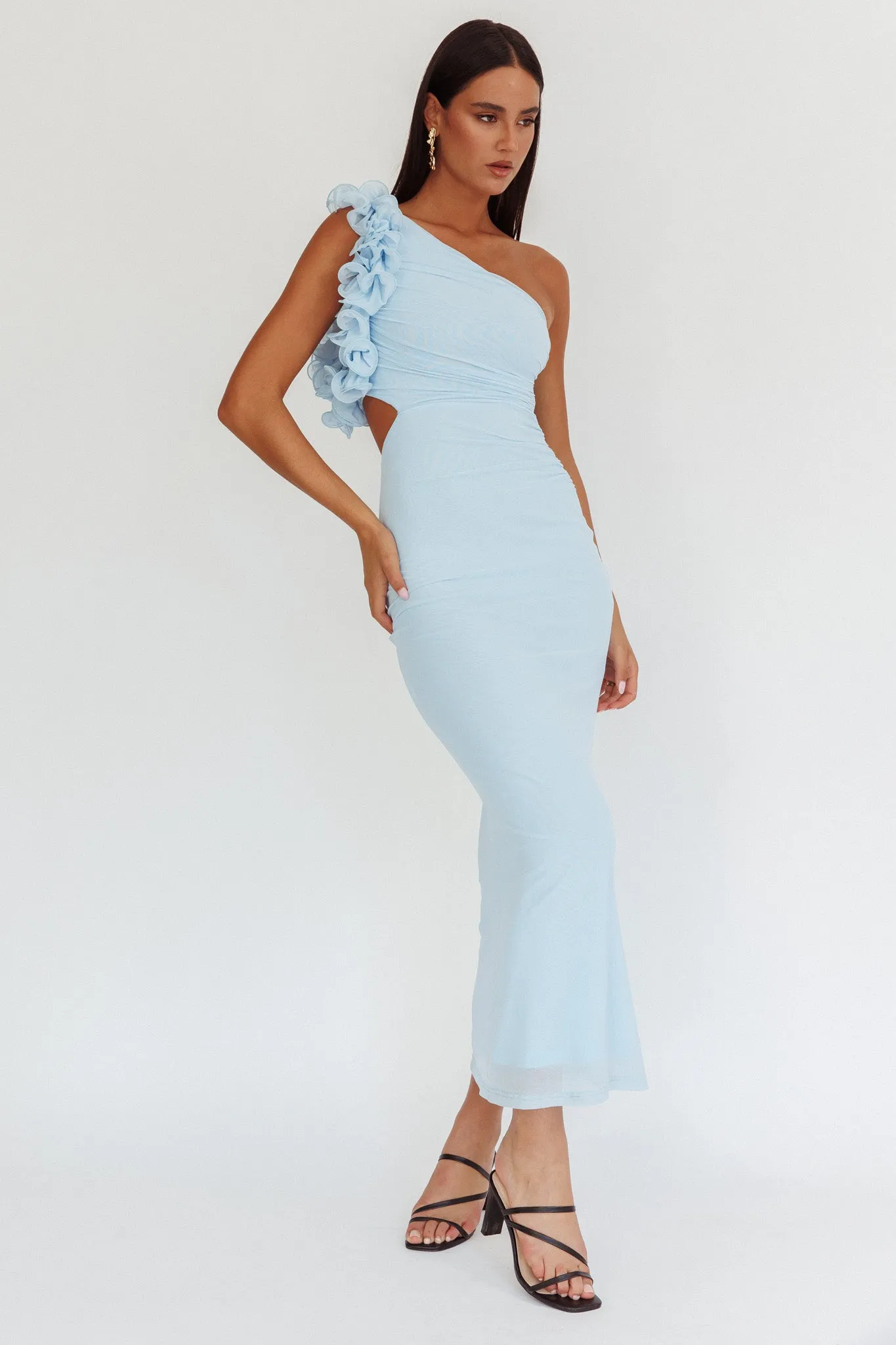 Deanna One-Shoulder Ruffle Maxi Dress Light Blue sold by Selfie Leslie